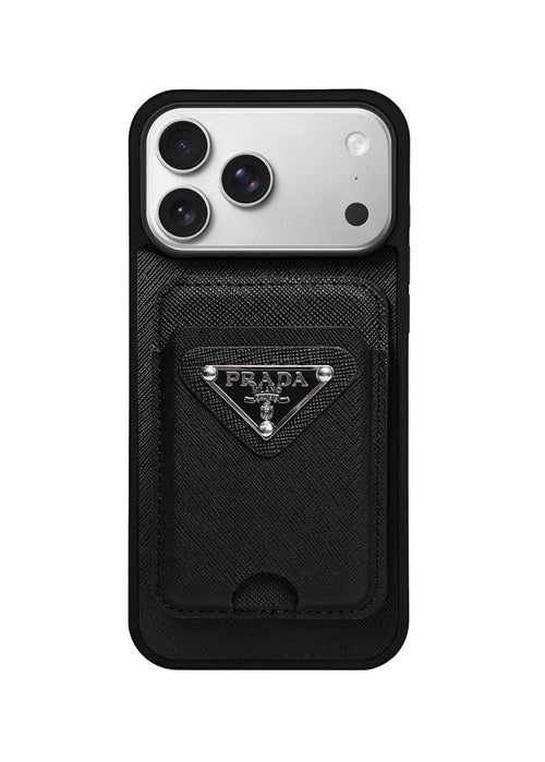 Black Prada phone case on a white background Luxury Prada phone case gift — Elegant iPhone case designed as a perfect luxury gift option