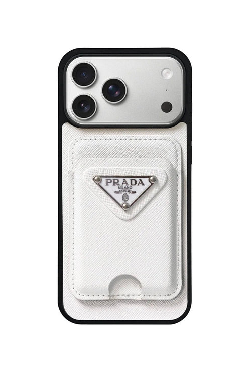 Phone case with Prada logo on a white background Luxury Prada phone case gift — Elegant iPhone case designed as a perfect luxury gift option