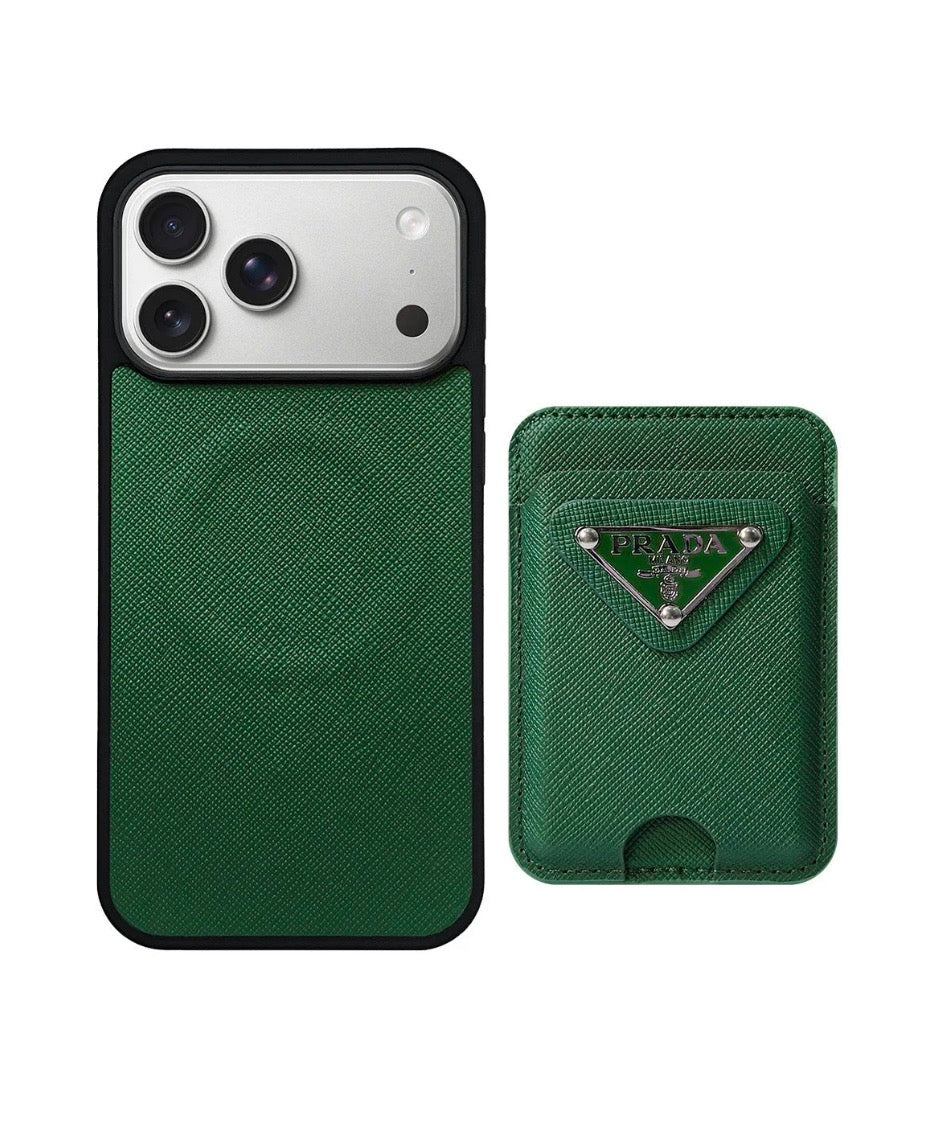 Green phone case with Prada logo on a white background / Prada luxury iPhone case — High‑end designer‑inspired phone case featuring premium materials and a sleek Prada aesthetic